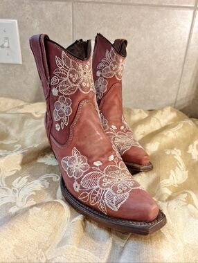 Circle G Embroidered Red Leather Floral Design Woman's Western Ankle Boots
